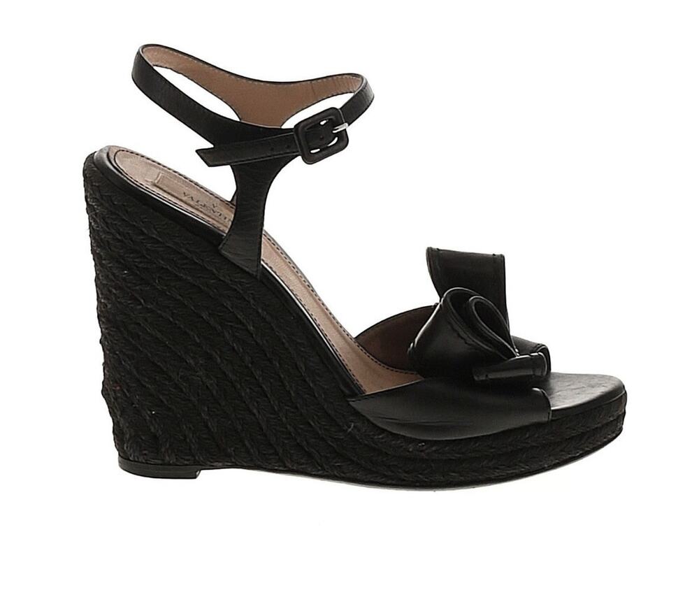 Authentic Valentino Black Leather Bow Espadrille Platform Wedge Sandal Size 39
